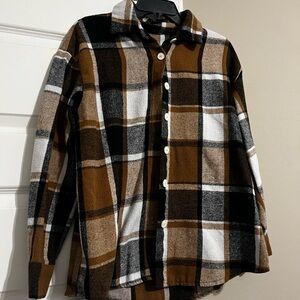 Plaid Button-Up Shirt - Brown, Black, White